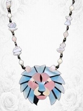 Vintage Lee Sands Lion Head Statement Necklace Mother of Pearl Inlay 18in